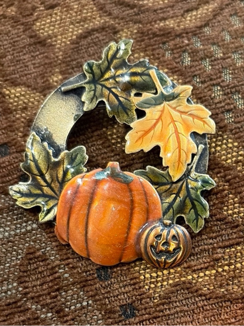 Vintage Signed KC Kenneth Cole Enamel Autumn Leaf Pumpkin Halloween Brooch